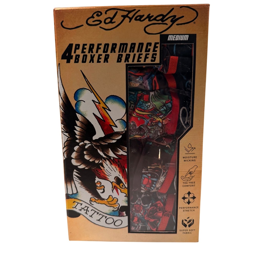 Ed Hardy Performance Boxer Briefs 4 Pack (MD 32-34) Stretch Skulls Roses Tattoo